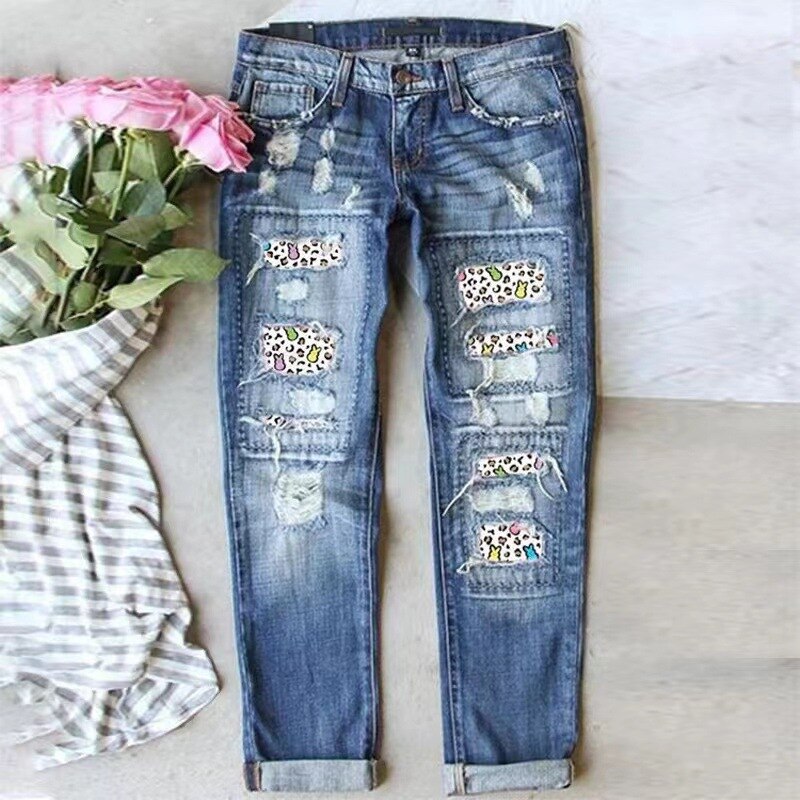 Women Casual Streetwear Jeans Female Ripped Hole Patch Trousers Pockets Bottoms Women Denim Pants