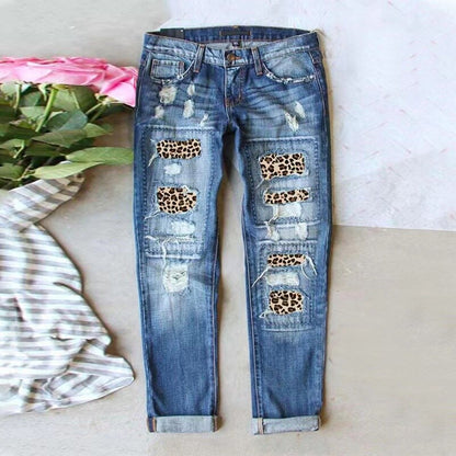 Women Casual Streetwear Jeans Female Ripped Hole Patch Trousers Pockets Bottoms Women Denim Pants