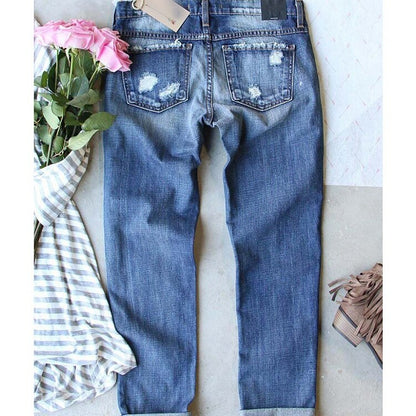 Women Casual Streetwear Jeans Female Ripped Hole Patch Trousers Pockets Bottoms Women Denim Pants