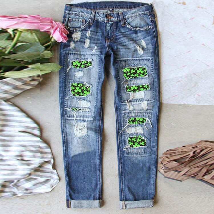 Women Casual Streetwear Jeans Female Ripped Hole Patch Trousers Pockets Bottoms Women Denim Pants 3 size runs large