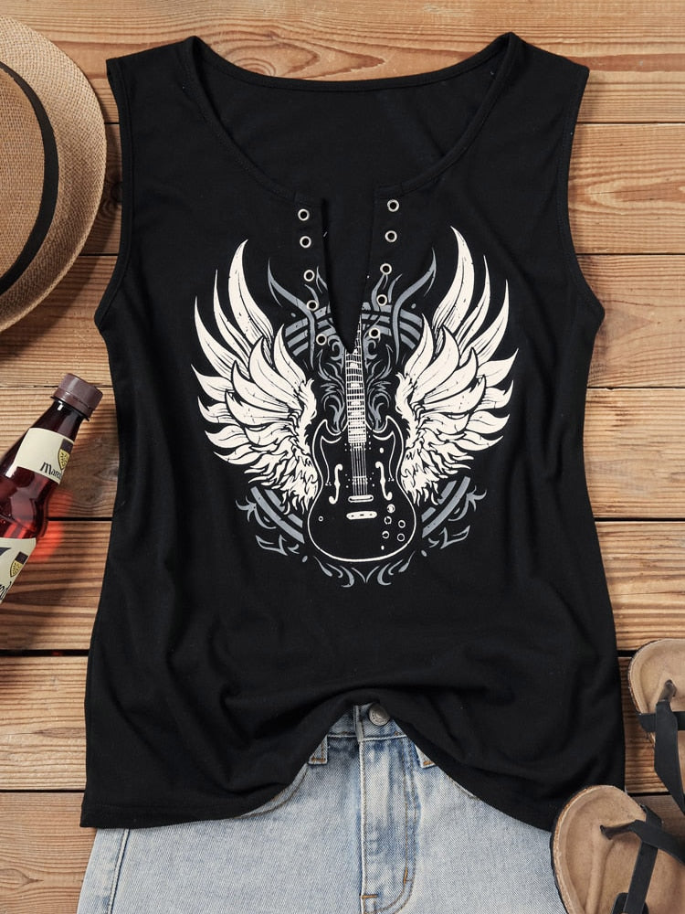 Women Country Music Tank Tops Guitar Wings Print V Neck Sleeveless Shirts Loose Fit Summer Tops Casual Henley Shirts Blouse