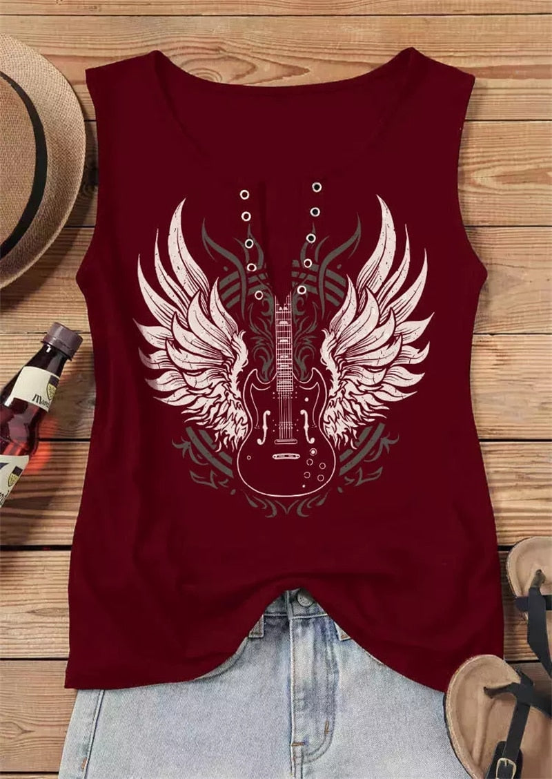 Women Country Music Tank Tops Guitar Wings Print V Neck Sleeveless Shirts Loose Fit Summer Tops Casual Henley Shirts Blouse