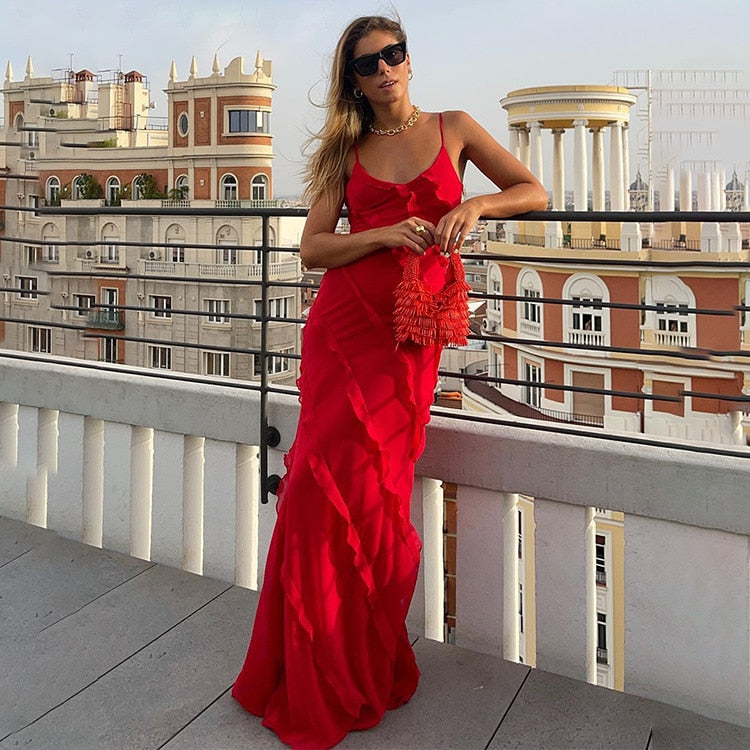 Women Elegant Deep V Neck Maxi Dress Sexy Ruffles Backless Party Club Dresses Fashion Ladies Beach Split Sundress Vestidos Red