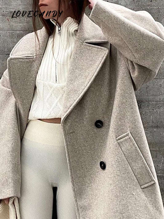 Women Elegant Double Breasted Woolen Coat Spring Fashion Chic Lapel Overcoat Office Ladies Solid Cashmere Long Outerwear