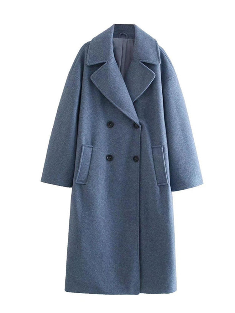 Women Elegant Double Breasted Woolen Coat Spring Fashion Chic Lapel Overcoat Office Ladies Solid Cashmere Long Outerwear Blue China