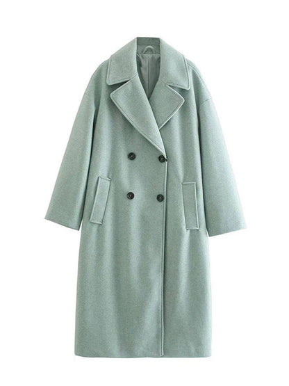 Women Elegant Double Breasted Woolen Coat Spring Fashion Chic Lapel Overcoat Office Ladies Solid Cashmere Long Outerwear Green China