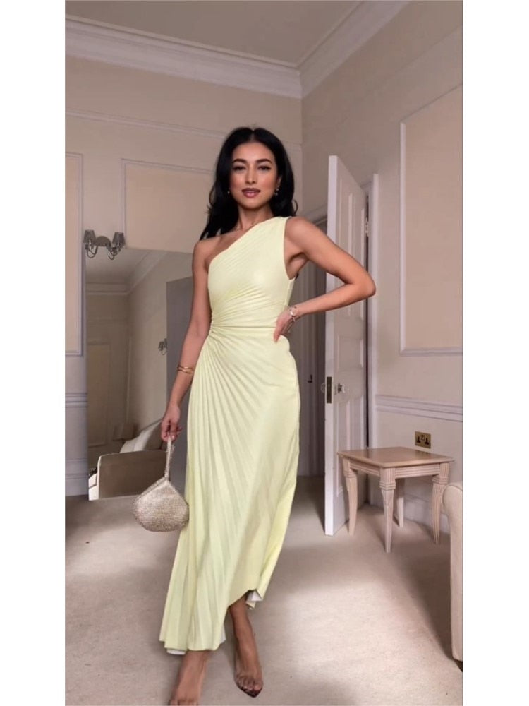 Women Elegant Ruffled One Shoulder Pleated Maxi Dresses Fashion Sleeveless Irregular Frock Trend Party Evening Vestidos