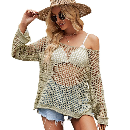 Women Hollow Out Sweater Summer Openwork Thin Loose Sun Protective Blouse Beach New Knitted Tops Euro American Style
