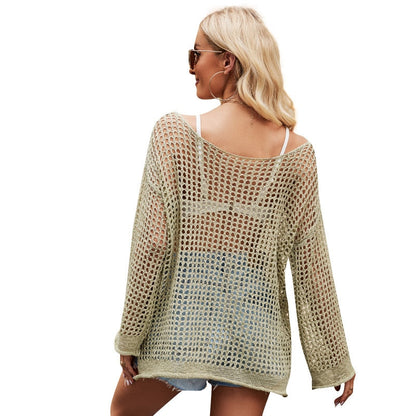 Women Hollow Out Sweater Summer Openwork Thin Loose Sun Protective Blouse Beach New Knitted Tops Euro American Style