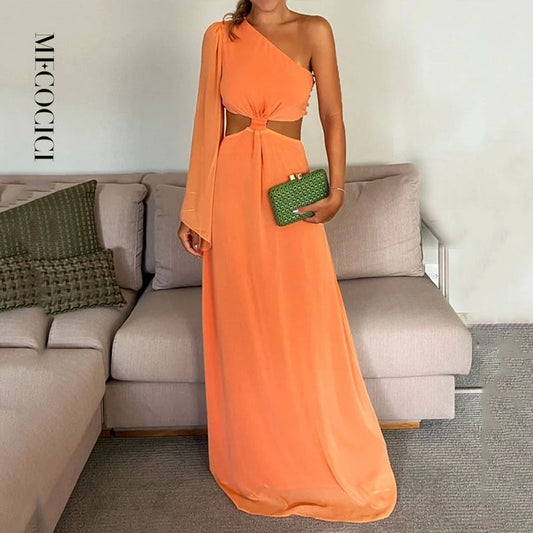 Women Maxi Dress Summer Fashion Solid Lnclined Shoulder Long Sleeve Leaky Waist Pleated Evening Dresses High Streetwear