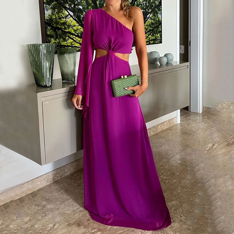 Women Maxi Dress Summer Fashion Solid Lnclined Shoulder Long Sleeve Leaky Waist Pleated Evening Dresses High Streetwear Purple