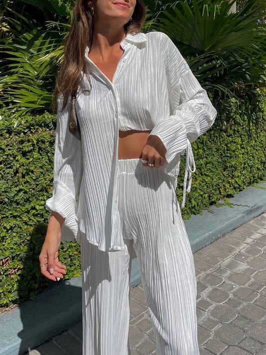 Women Pleated Pants Set Casual Chic Solid Color Long Sleeve Button down Shirts and Straight Leg Trousers Outfits