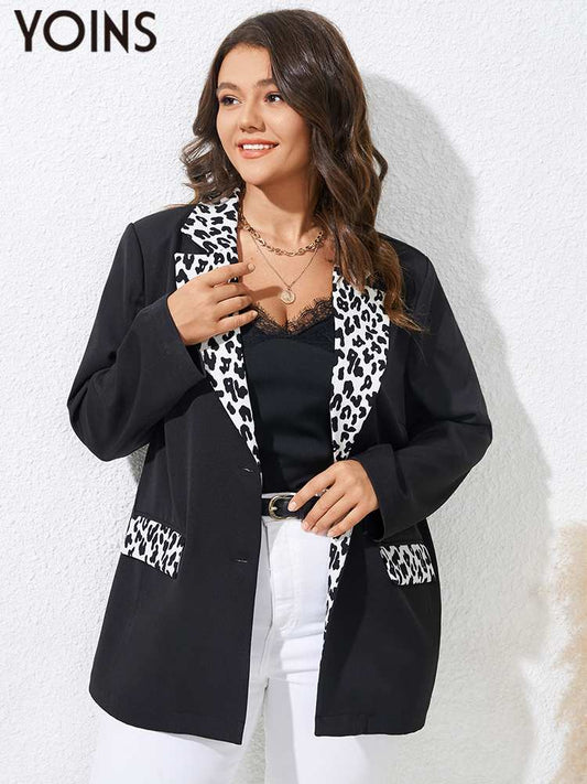 Women Plus Size Outwear Fashion Blazer Autumn Long Sleeve Leopard Front Button Patchwork Elegant Lapel Collar Tops