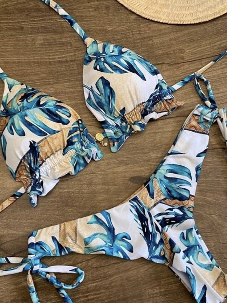 Women Sexy Bikini 2023 Set Up Floral Print Bandage Swimsuit High Waist Thong Brazilian Biquini swimwear Summer Beach Wear