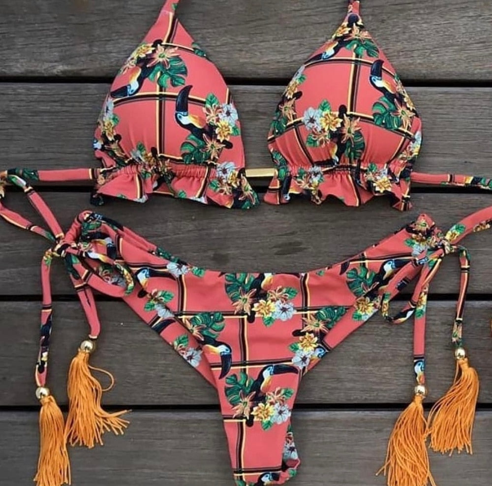 Women Sexy Bikini 2023 Set Up Floral Print Bandage Swimsuit High Waist Thong Brazilian Biquini swimwear Summer Beach Wear MK13