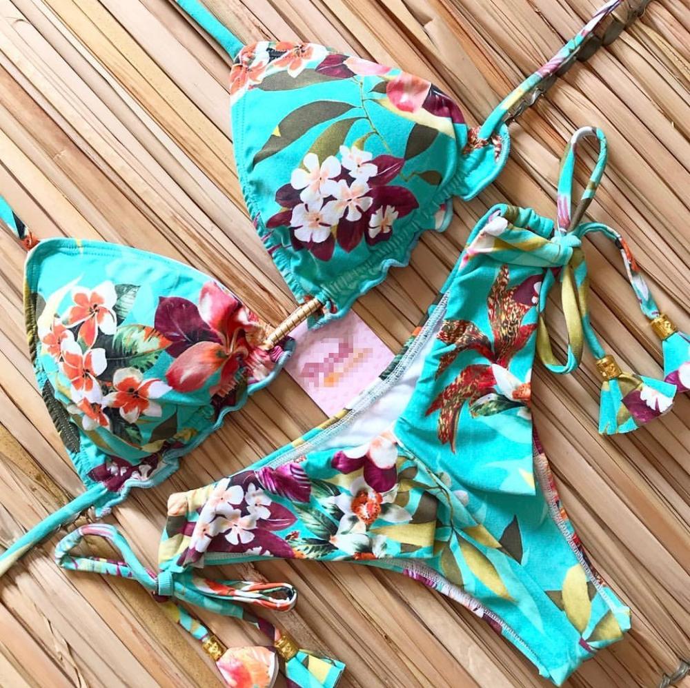 Women Sexy Bikini 2023 Set Up Floral Print Bandage Swimsuit High Waist Thong Brazilian Biquini swimwear Summer Beach Wear K235
