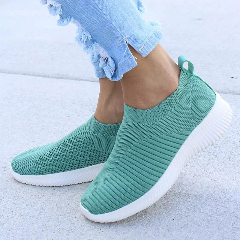 Women Shoes Knitting Sock Sneakers Women Spring Summer Slip On Flat Shoes Women Plus Size Loafers Flats Walking krasovki Famela Green