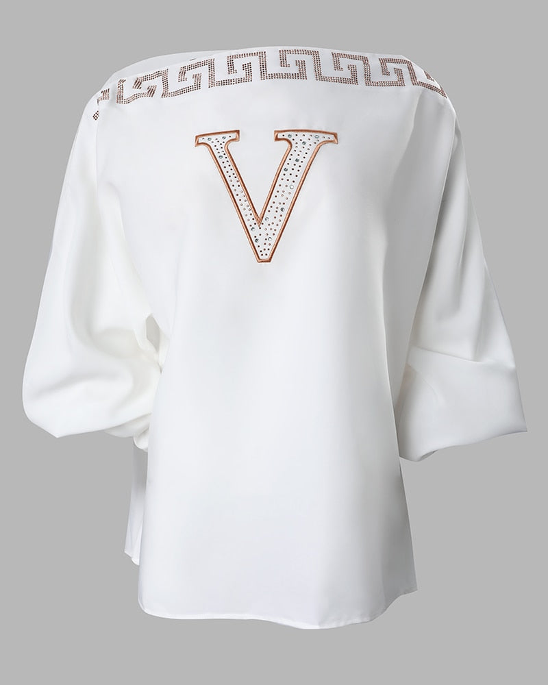 Women Slash Neck Loose Fashion Rhinestone Embroidery Letter Lantern Sleeve Top Casual T Shirt Tops Blouse White