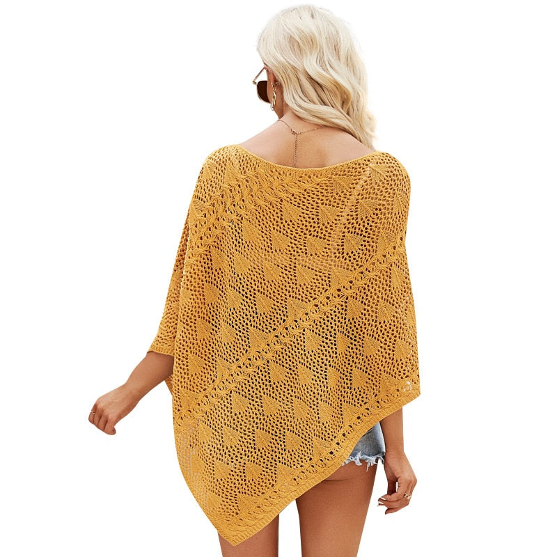 Women Spring Sumer Openwork Knitted Poncho Cotton Shawl Cape Cover Ups Loose Hollow Out Beachwear Pullover Sweater Yellow