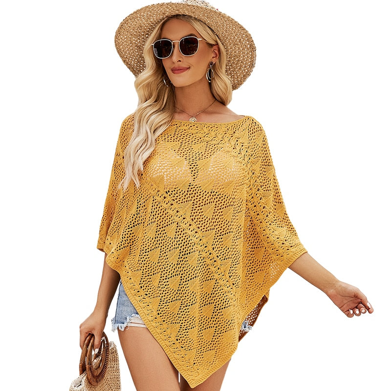 Women Spring Sumer Openwork Knitted Poncho Cotton Shawl Cape Cover Ups Loose Hollow Out Beachwear Pullover Sweater Yellow