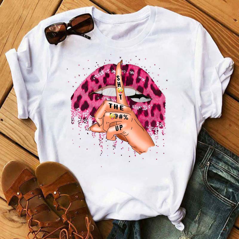 Women Summer Short Sleeve Tshirts Fashion Red Lips Finger Print Ladies T-shirts Top Cartoon Womens Graphic Tees T-Shirts 24