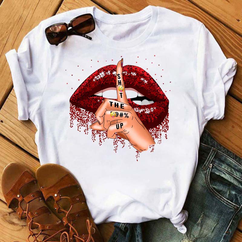 Women Summer Short Sleeve Tshirts Fashion Red Lips Finger Print Ladies T-shirts Top Cartoon Womens Graphic Tees T-Shirts 12