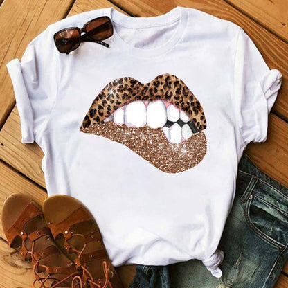 Women Summer Short Sleeve Tshirts Fashion Red Lips Finger Print Ladies T-shirts Top Cartoon Womens Graphic Tees T-Shirts