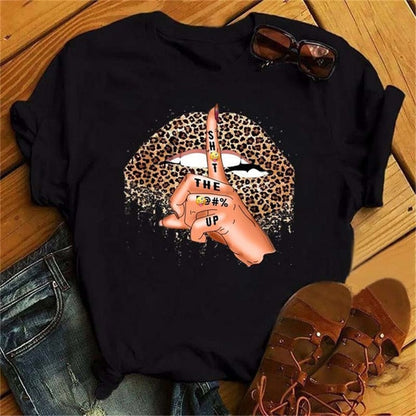 Women Summer Short Sleeve Tshirts Fashion Red Lips Finger Print Ladies T-shirts Top Cartoon Womens Graphic Tees T-Shirts