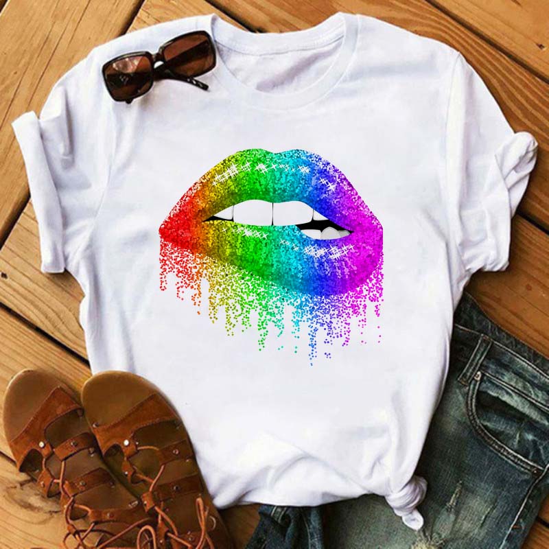 Women Summer Short Sleeve Tshirts Fashion Red Lips Finger Print Ladies T-shirts Top Cartoon Womens Graphic Tees T-Shirts 13