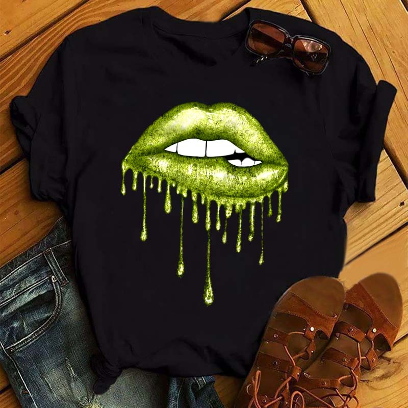 Women Summer Short Sleeve Tshirts Fashion Red Lips Finger Print Ladies T-shirts Top Cartoon Womens Graphic Tees T-Shirts