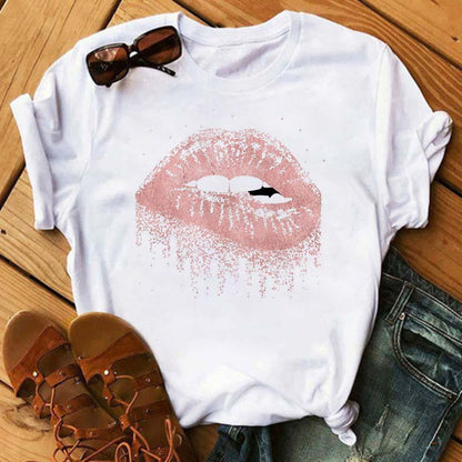 Women Summer Short Sleeve Tshirts Fashion Red Lips Finger Print Ladies T-shirts Top Cartoon Womens Graphic Tees T-Shirts 23