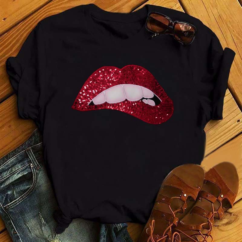 Women Summer Short Sleeve Tshirts Fashion Red Lips Finger Print Ladies T-shirts Top Cartoon Womens Graphic Tees T-Shirts 8