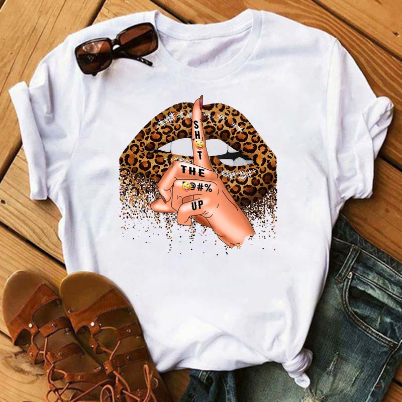 Women Summer Short Sleeve Tshirts Fashion Red Lips Finger Print Ladies T-shirts Top Cartoon Womens Graphic Tees T-Shirts