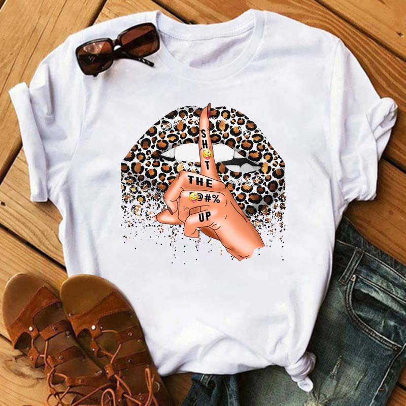 Women Summer Short Sleeve Tshirts Fashion Red Lips Finger Print Ladies T-shirts Top Cartoon Womens Graphic Tees T-Shirts