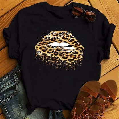 Women Summer Short Sleeve Tshirts Fashion Red Lips Finger Print Ladies T-shirts Top Cartoon Womens Graphic Tees T-Shirts