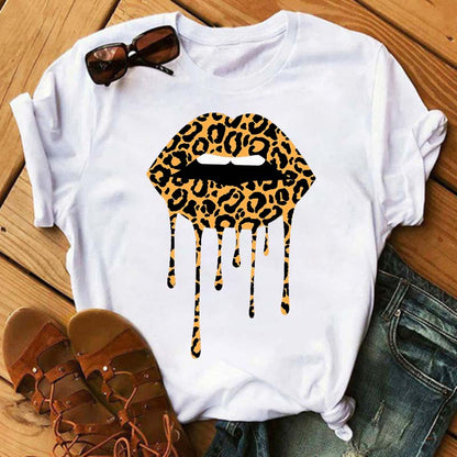 Women Summer Short Sleeve Tshirts Fashion Red Lips Finger Print Ladies T-shirts Top Cartoon Womens Graphic Tees T-Shirts