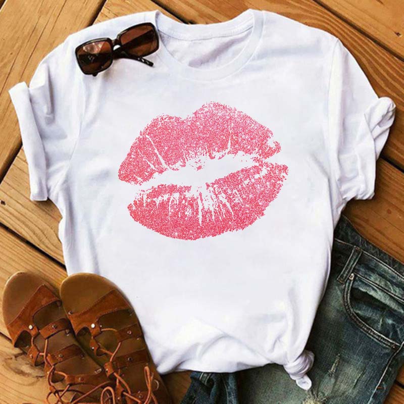 Women Summer Short Sleeve Tshirts Fashion Red Lips Finger Print Ladies T-shirts Top Cartoon Womens Graphic Tees T-Shirts