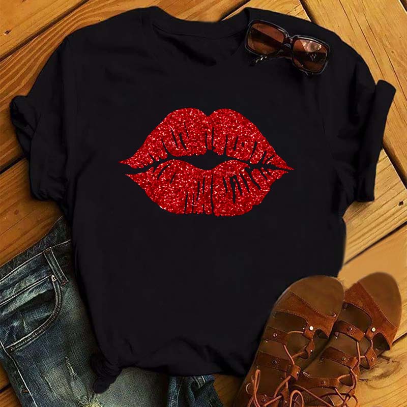 Women Summer Short Sleeve Tshirts Fashion Red Lips Finger Print Ladies T-shirts Top Cartoon Womens Graphic Tees T-Shirts 4