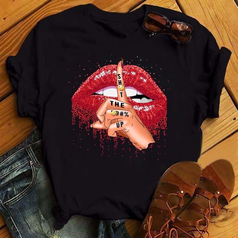 Women Summer Short Sleeve Tshirts Fashion Red Lips Finger Print Ladies T-shirts Top Cartoon Womens Graphic Tees T-Shirts 5