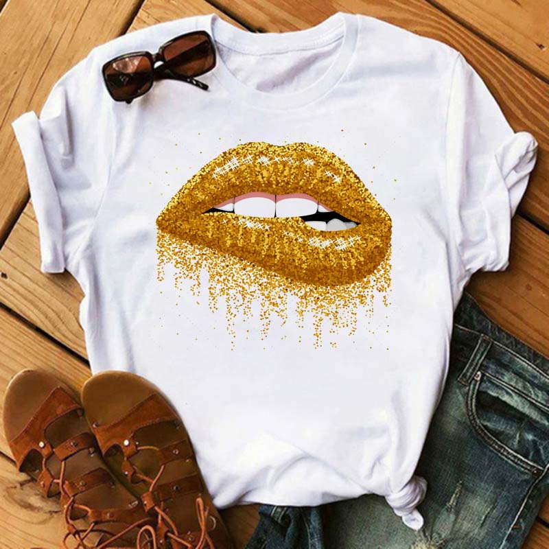 Women Summer Short Sleeve Tshirts Fashion Red Lips Finger Print Ladies T-shirts Top Cartoon Womens Graphic Tees T-Shirts