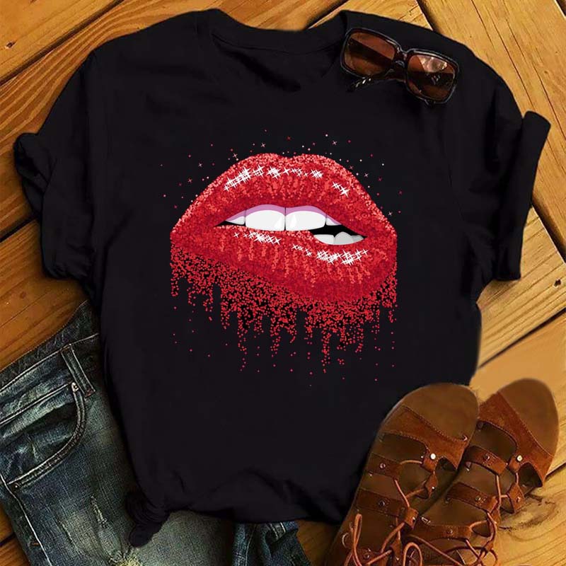 Women Summer Short Sleeve Tshirts Fashion Red Lips Finger Print Ladies T-shirts Top Cartoon Womens Graphic Tees T-Shirts 11