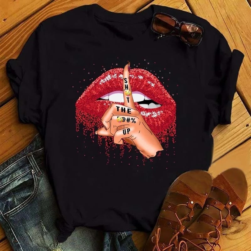 Women Summer Short Sleeve Tshirts Fashion Red Lips Finger Print Ladies T-shirts Top Cartoon Womens Graphic Tees T-Shirts