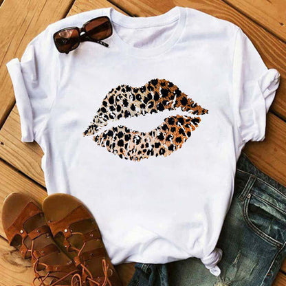 Women Summer Short Sleeve Tshirts Fashion Red Lips Finger Print Ladies T-shirts Top Cartoon Womens Graphic Tees T-Shirts