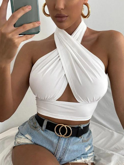 Women Summer Tank Tops Sexy Solid Color Cross Halter Neck Push Up Hollow Crop Tops High Street Wear New Fashion