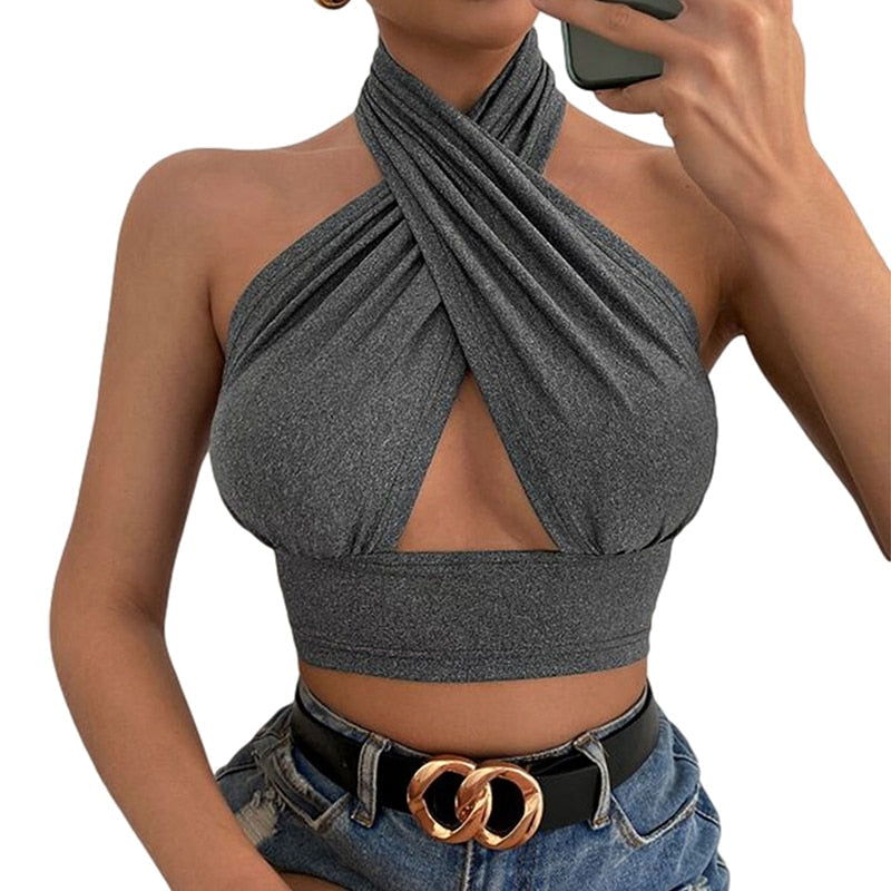 Women Summer Tank Tops Sexy Solid Color Cross Halter Neck Push Up Hollow Crop Tops High Street Wear New Fashion Gray