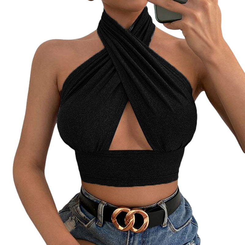 Women Summer Tank Tops Sexy Solid Color Cross Halter Neck Push Up Hollow Crop Tops High Street Wear New Fashion Black