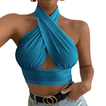 Women Summer Tank Tops Sexy Solid Color Cross Halter Neck Push Up Hollow Crop Tops High Street Wear New Fashion Blue