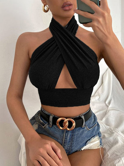 Women Summer Tank Tops Sexy Solid Color Cross Halter Neck Push Up Hollow Crop Tops High Street Wear New Fashion