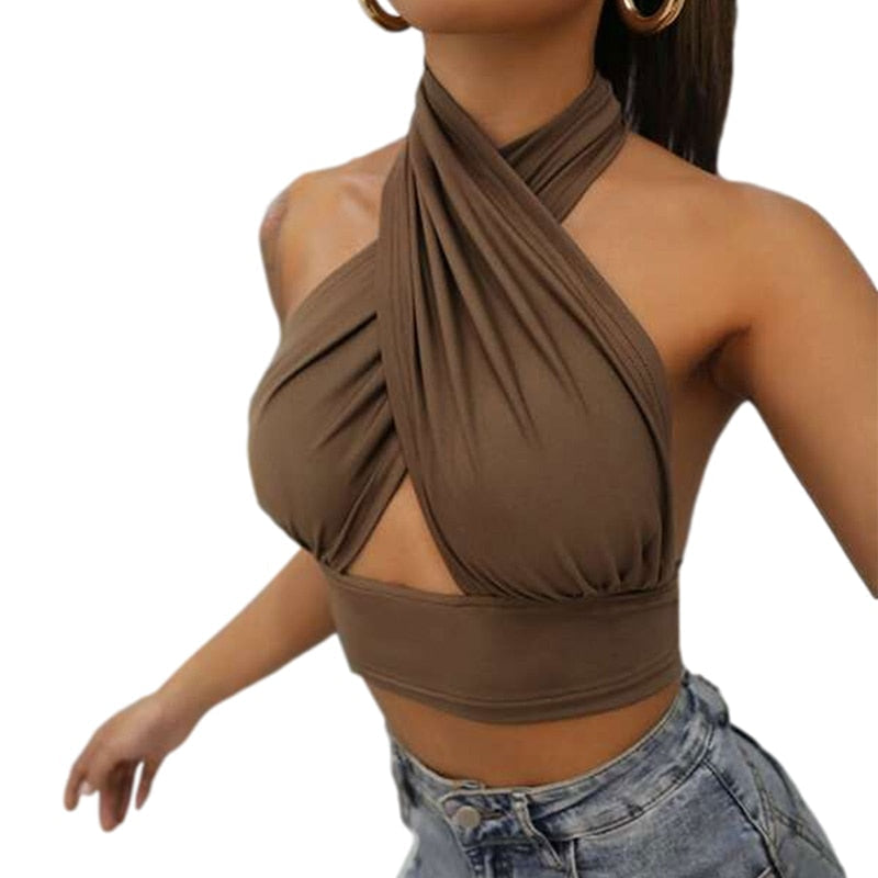 Women Summer Tank Tops Sexy Solid Color Cross Halter Neck Push Up Hollow Crop Tops High Street Wear New Fashion Auburn