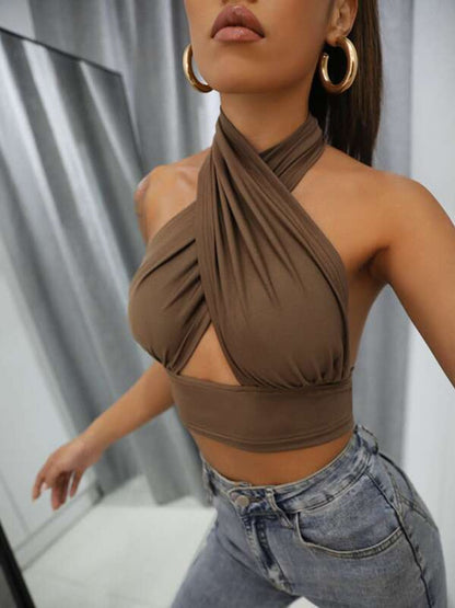 Women Summer Tank Tops Sexy Solid Color Cross Halter Neck Push Up Hollow Crop Tops High Street Wear New Fashion